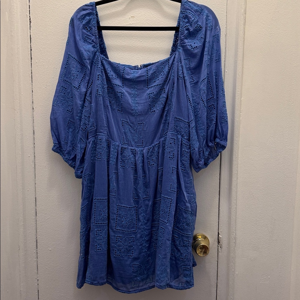 Johnny Was Blue Eyelet Dress with Puff Sleeves